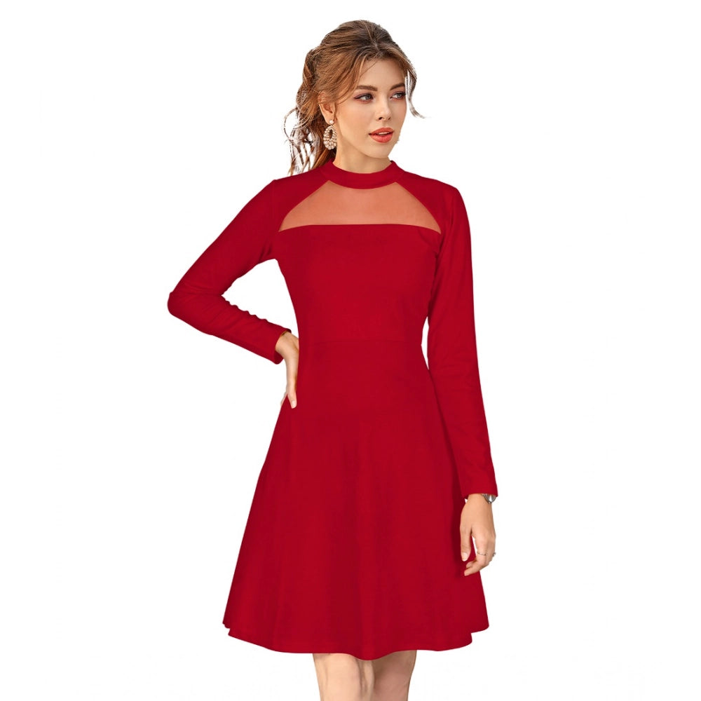 Women's Knitting Stretchable Solid Round Neck Full Sleeve Dress — Red