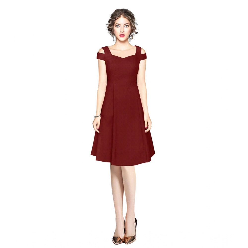 Women's Solid V Neck Cap Sleeve Off Shoulder Dress — Maroon