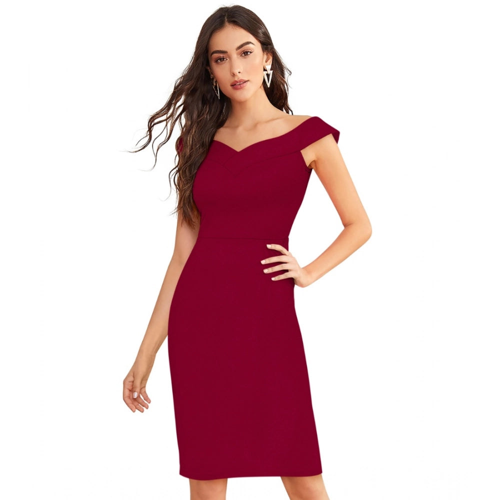 Women's Knitting Stretchable Solid Round Neck Sleeveless Dress — Maroon · on_L