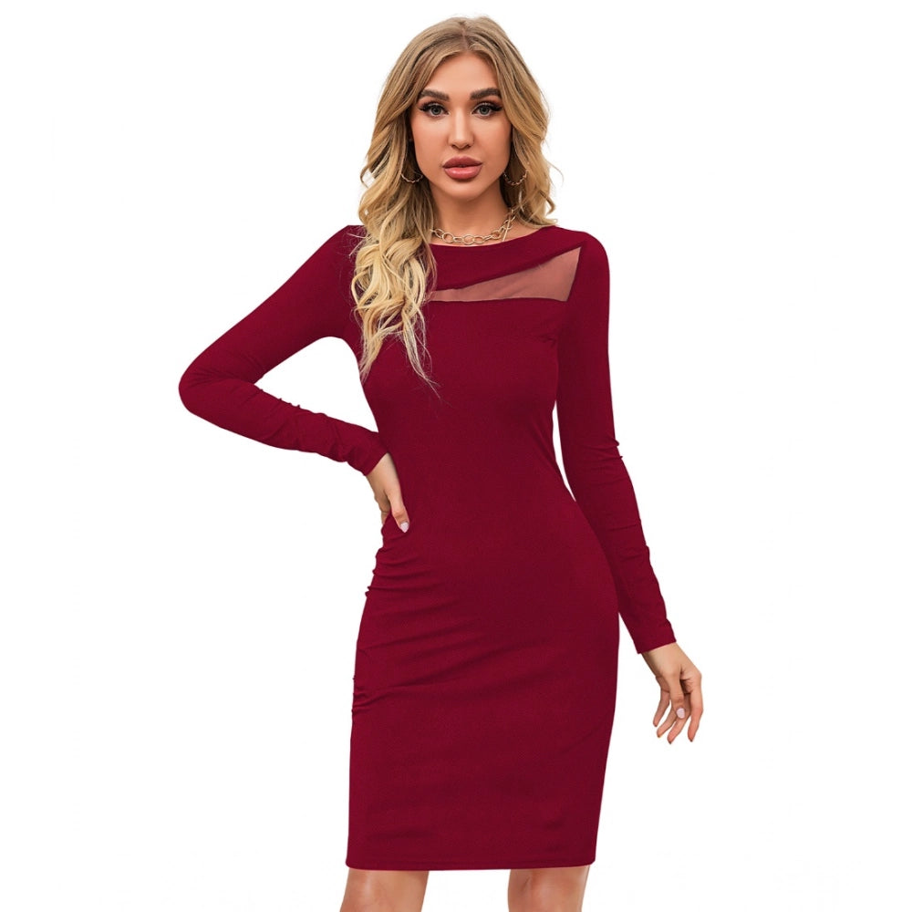 Women's Knitting Stretchable Solid Round Neck Full Sleeve Dress — Maroon · on_L