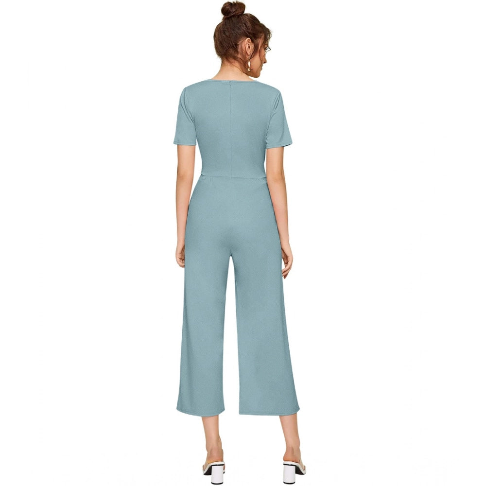 Women's Knitting Stretchable Solid Round Neck Cap Sleeve Jumpsuit — Pista