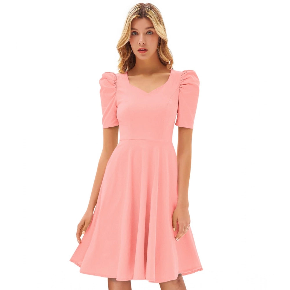 Women's Knitting Stretchable Solid V Neck Cap Sleeve Dress — Peach