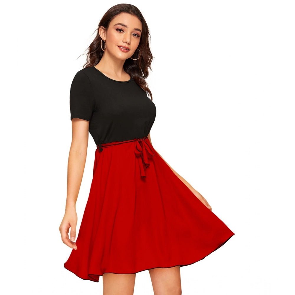 Women's Knitting Stretchable Solid Round Neck Cap Sleeve Dress — Red