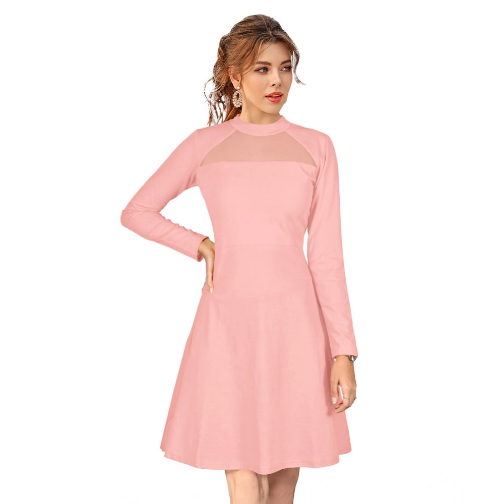 Women's Knitting Stretchable Solid Round Neck Full Sleeve Dress — Peach · ch_L