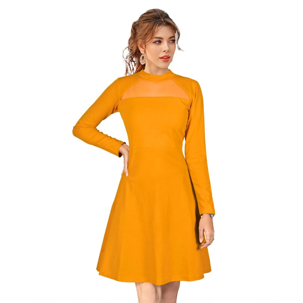 Women's Knitting Stretchable Solid Round Neck Full Sleeve Dress — Yellow · lw_L