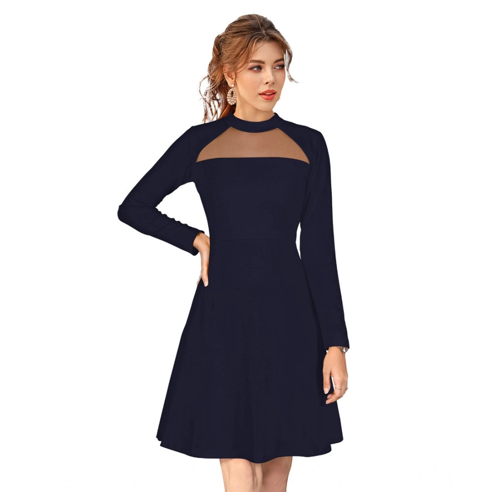 Women's Knitting Stretchable Solid Round Neck Full Sleeve Dress — Blue · le_L