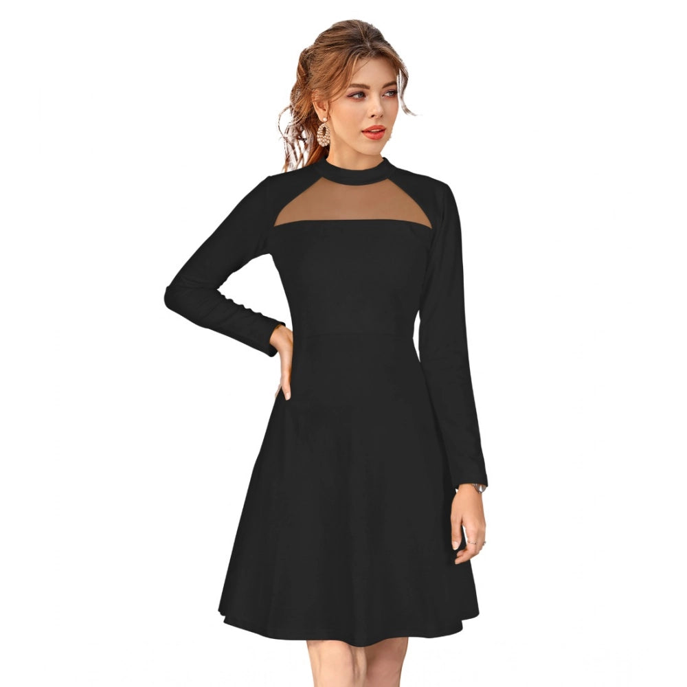 Women's Knitting Stretchable Solid Round Neck Full Sleeve Dress — Black · lk_L