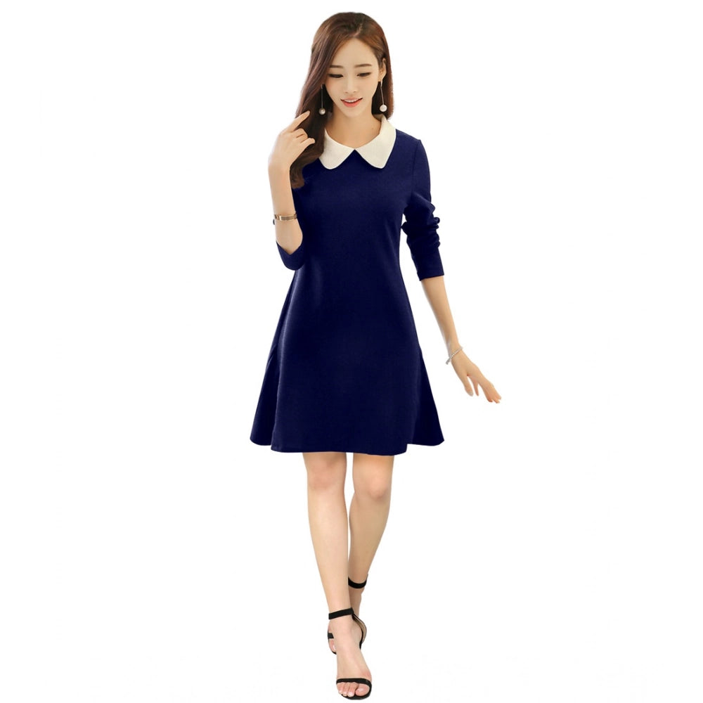 Women's Solid Collar 3-4th Dress — Blue