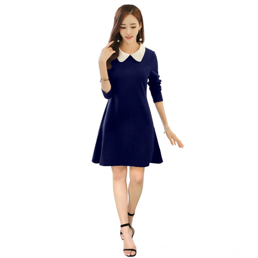 Women's Solid Collar 3-4th Dress — Blue