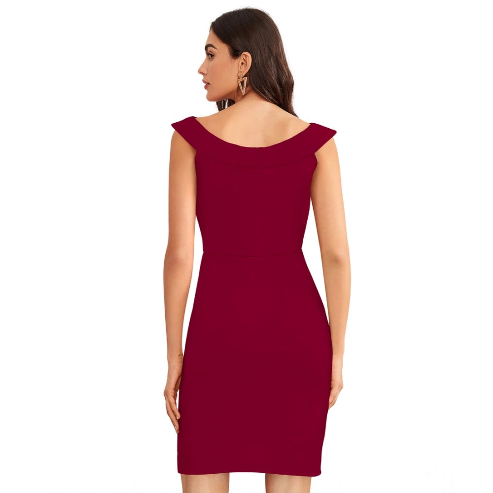 Women's Knitting Stretchable Solid Round Neck Sleeveless Dress — Maroon · on_L