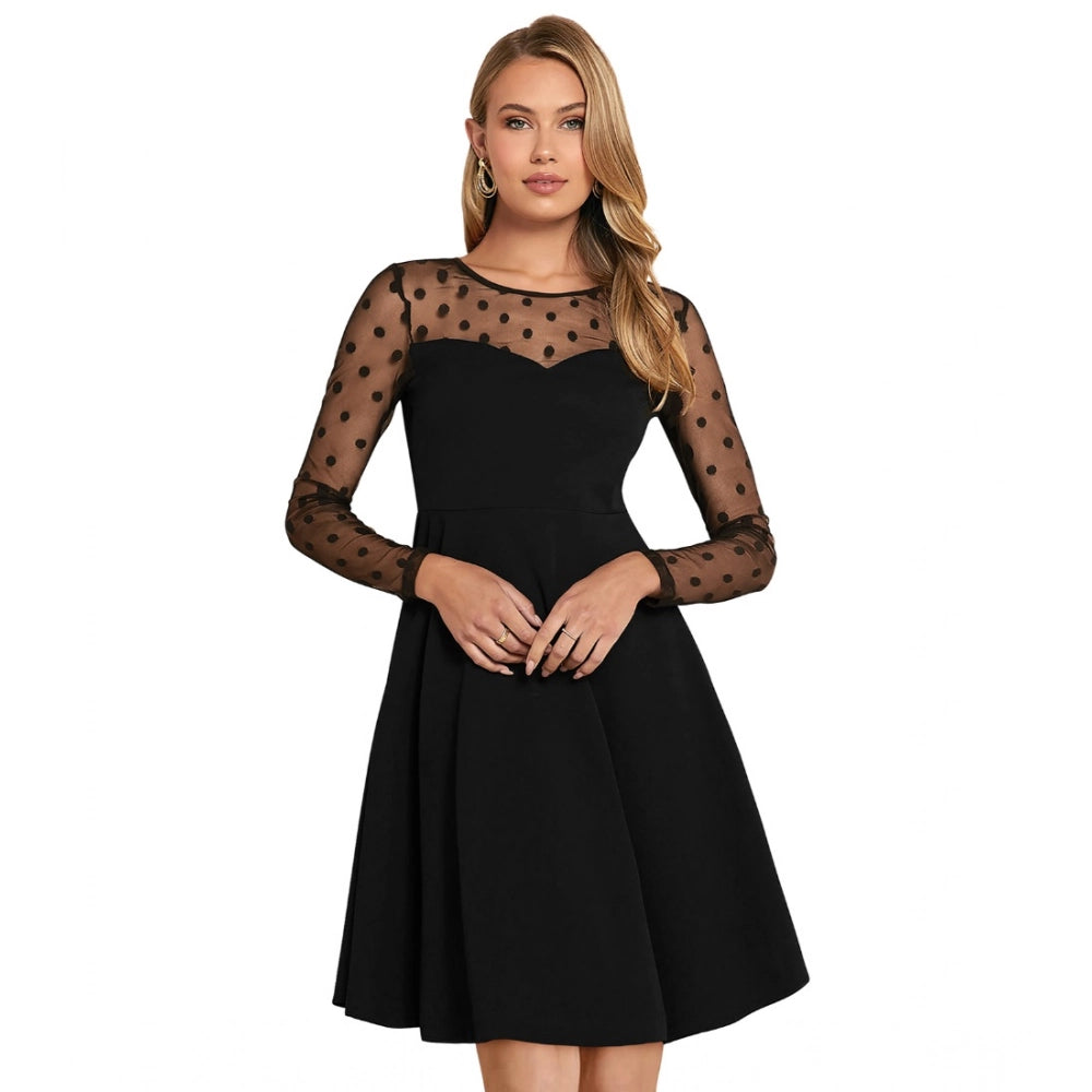 Women's Knitting Stretchable Solid Round Neck Full Sleeve Dress — Black · lk_L