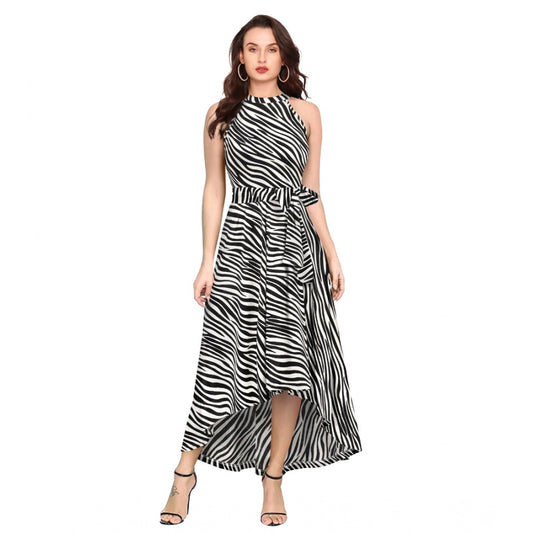 Women's Zebra Pattern Halter Neck Sleeveless Dress — White