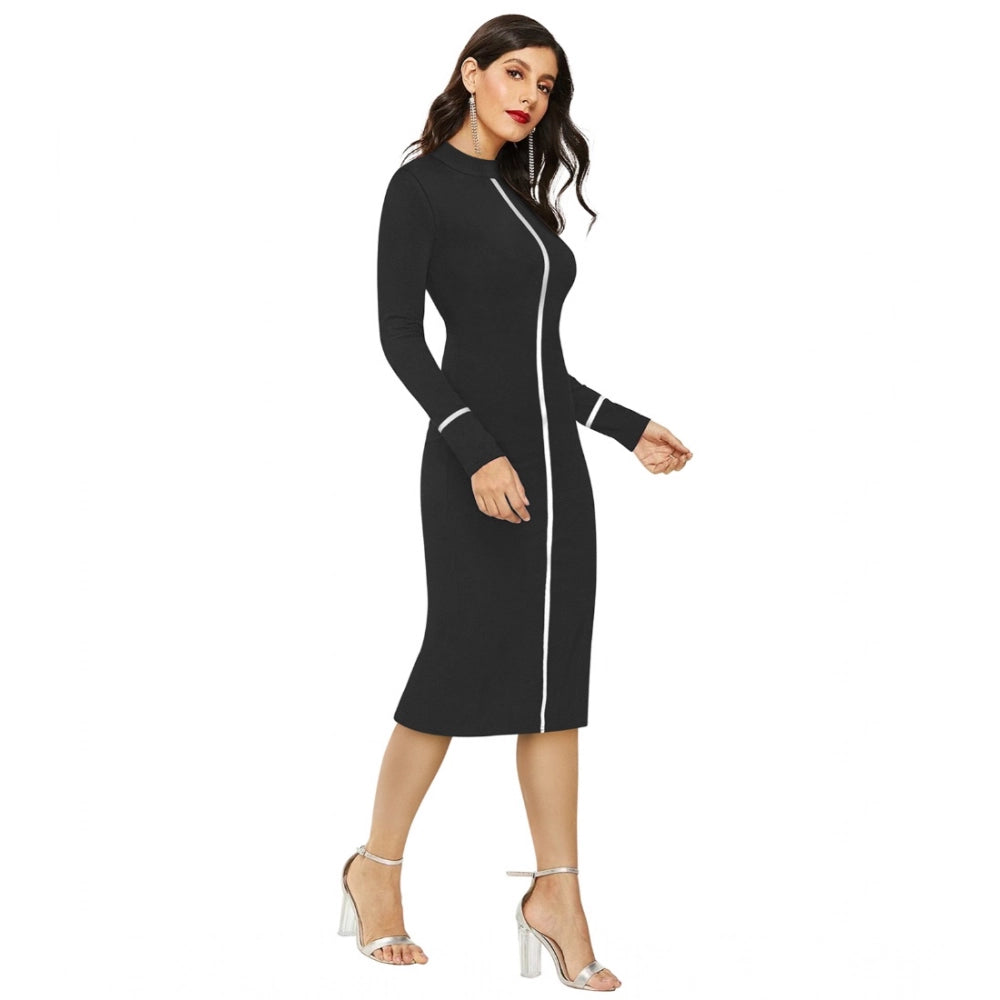 Women's Knitting Stretchable Solid Round Neck Full Sleeve Dress — Black · lk_L