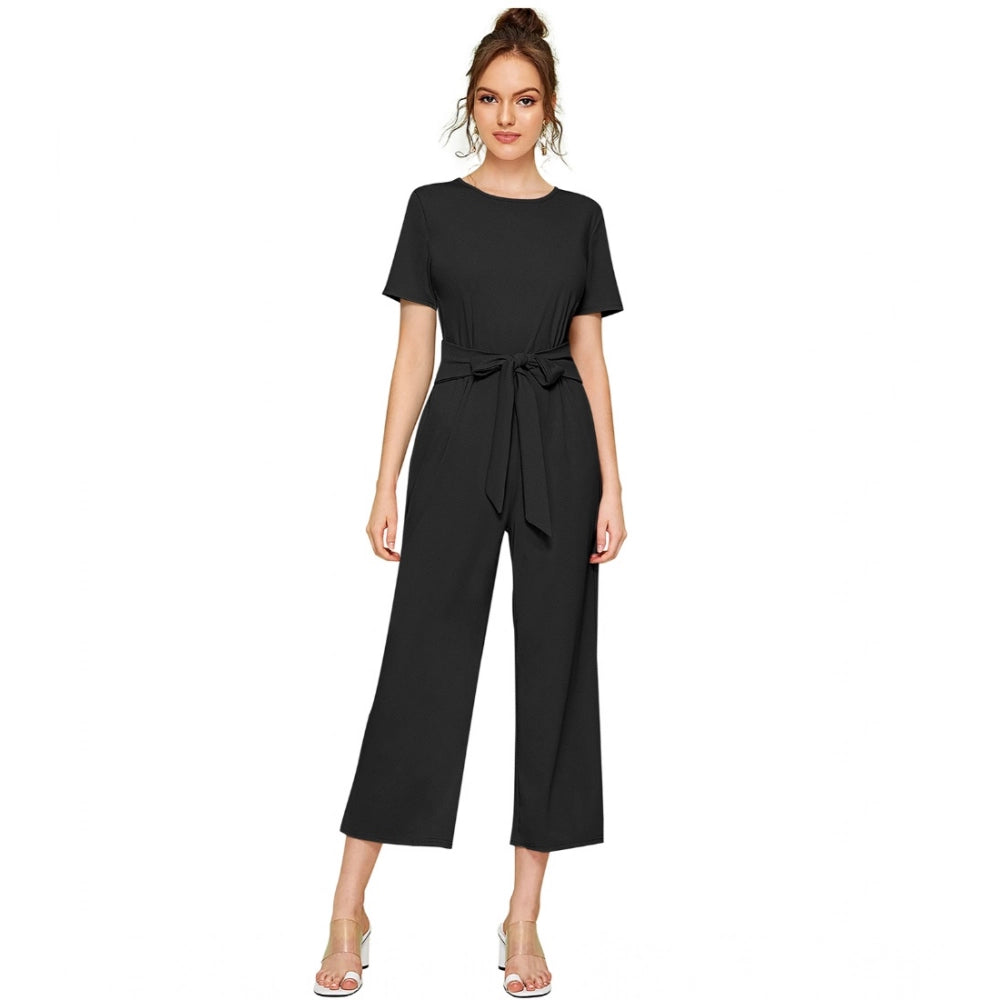 Women's Knitting Stretchable Solid Round Neck Cap Sleeve Jumpsuit — Black