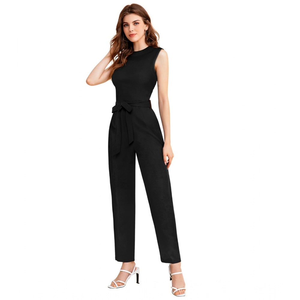 Women's Knitting Stretchable Solid Round Neck Sleeveless Jumpsuit — Black