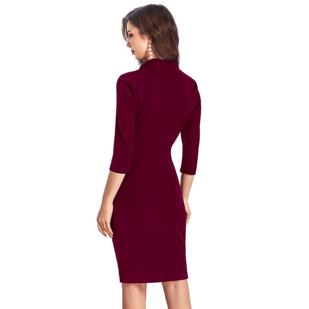 Women's Knitting Stretchable Solid Round Neck 3-4th Dress — Maroon