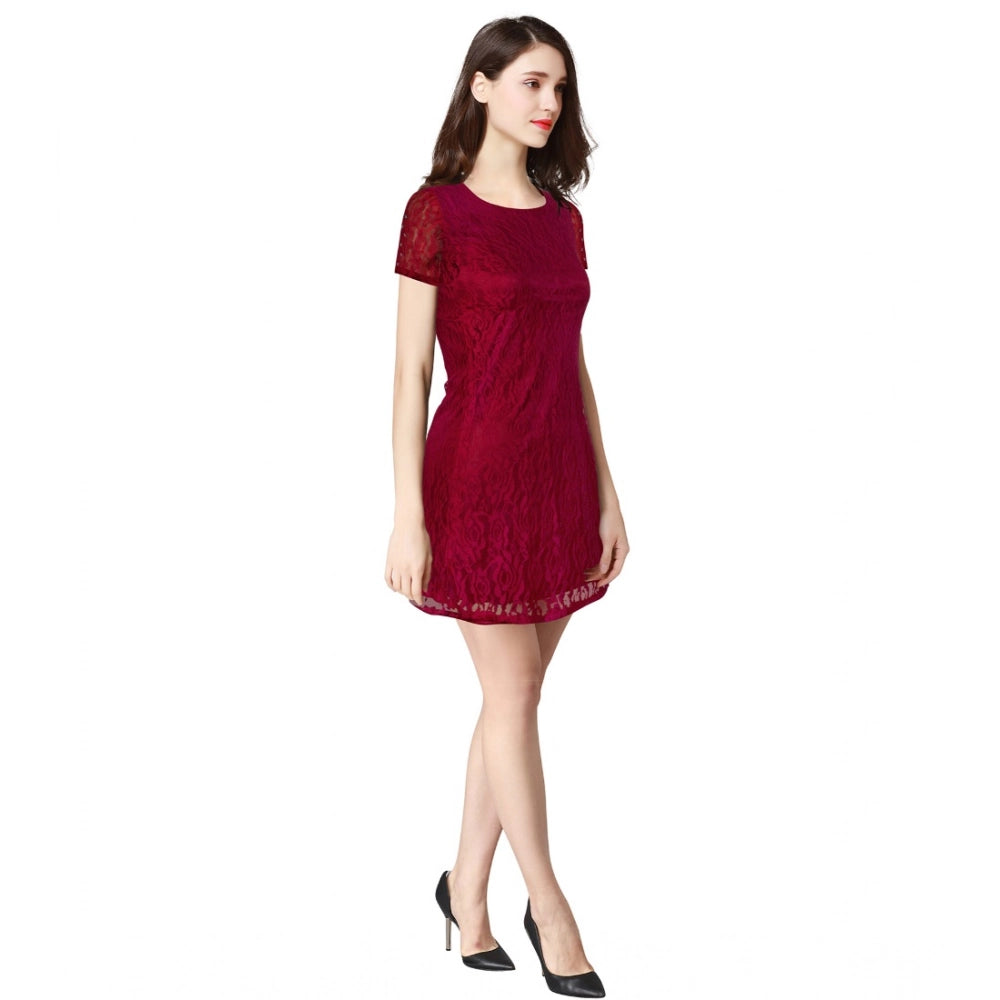 Women's Rasal Solid Round Neck Cap Sleeve Dress — Maroon