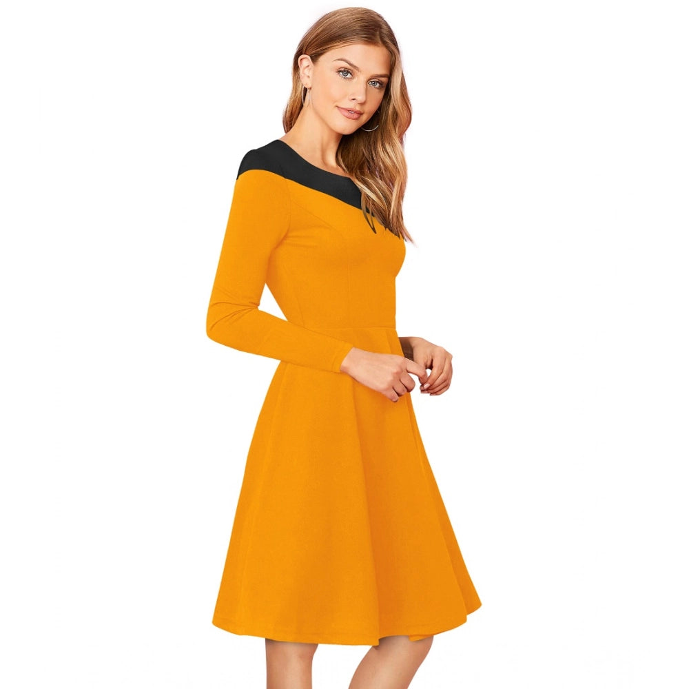Women's Knitting Stretchable Solid Round Neck Full Sleeve Dress — Yellow · lw_L