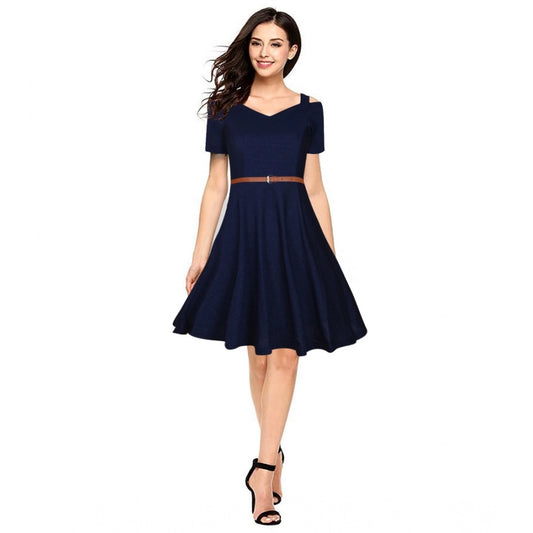 Women's Solid V Neck Cap Sleeve Dress — Blue