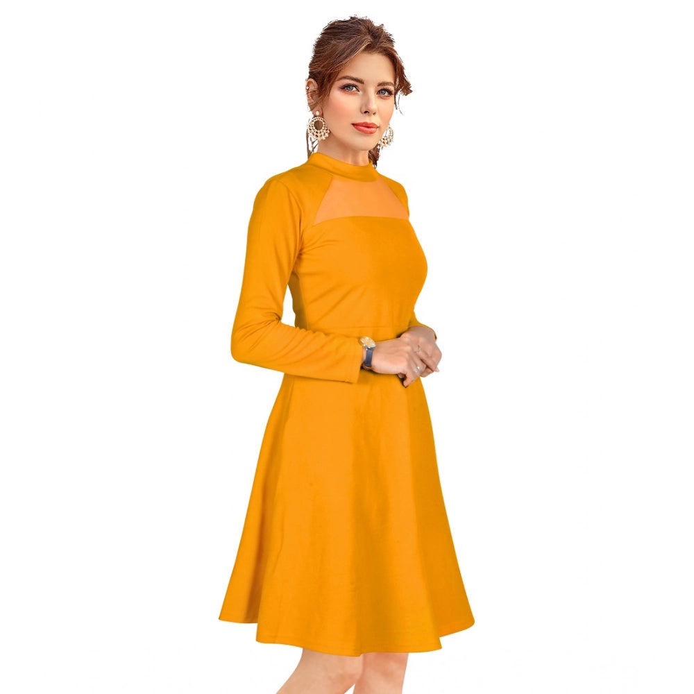 Women's Knitting Stretchable Solid Round Neck Full Sleeve Dress — Yellow · lw_L