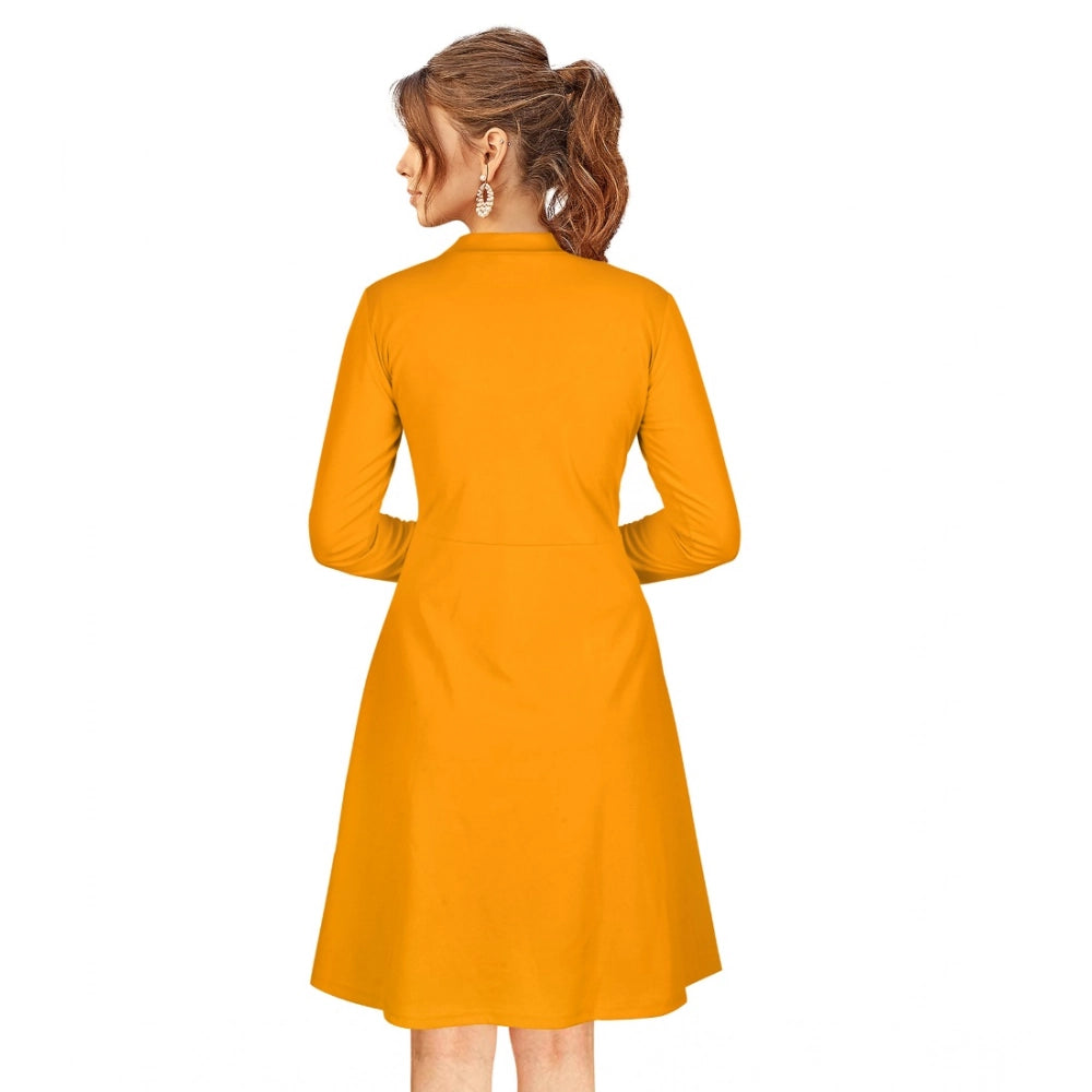 Women's Knitting Stretchable Solid Round Neck Full Sleeve Dress — Yellow · lw_L