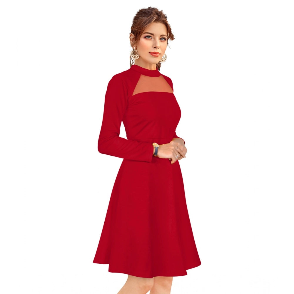 Women's Knitting Stretchable Solid Round Neck Full Sleeve Dress — Red