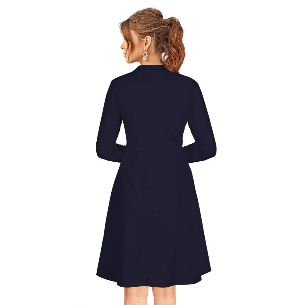 Women's Knitting Stretchable Solid Round Neck Full Sleeve Dress — Blue · le_L