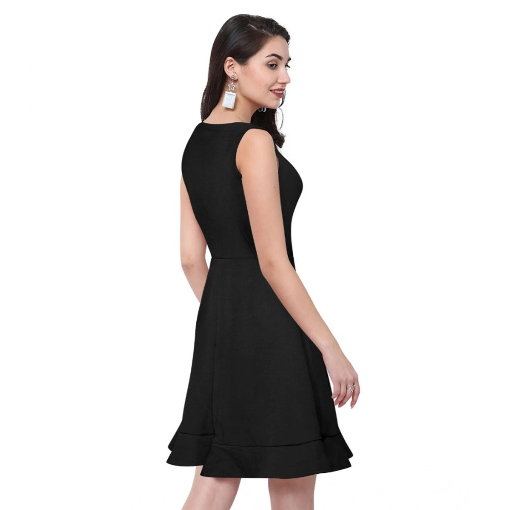Women's Solid Round Neck Sleeveless Dress — Black