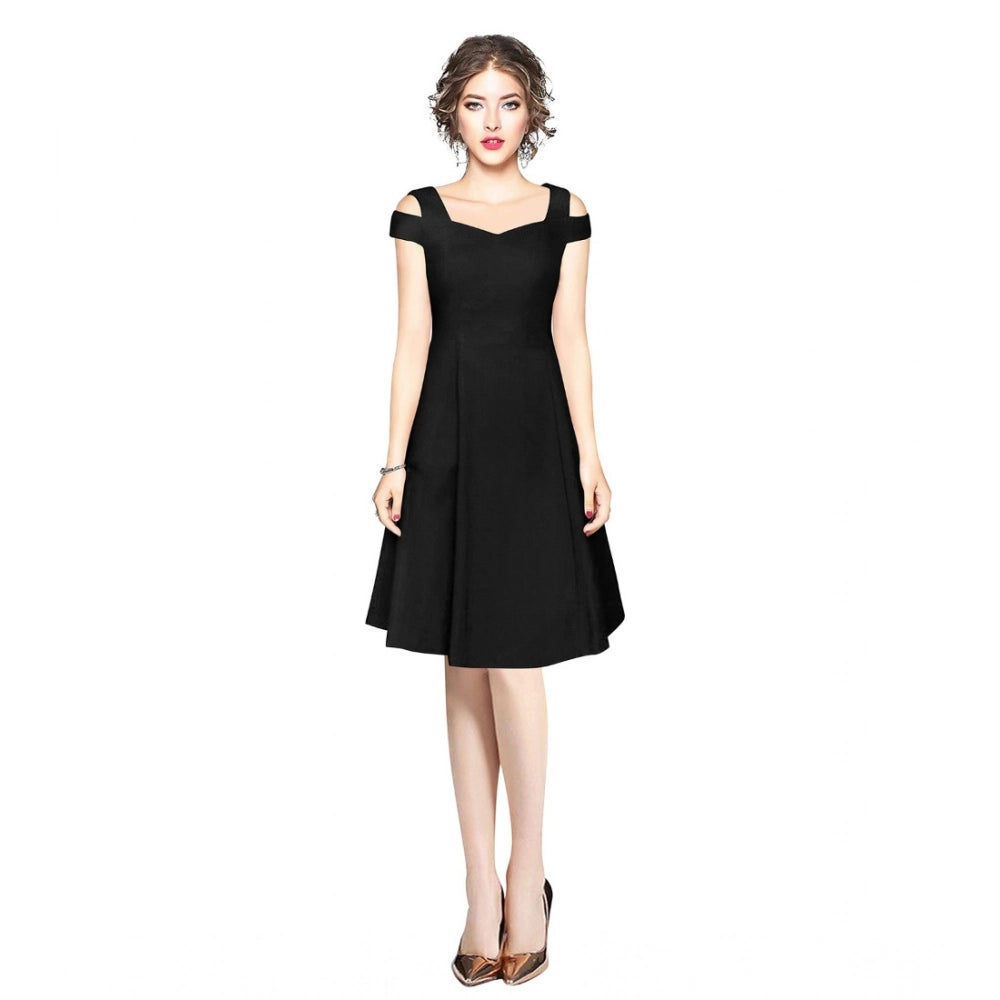 Women's Solid V Neck Cap Sleeve Off Shoulder Dress — Black
