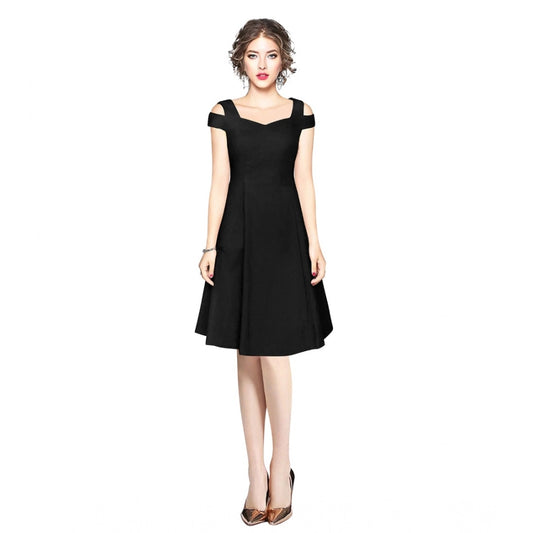 Women's Solid V Neck Cap Sleeve Off Shoulder Dress — Black