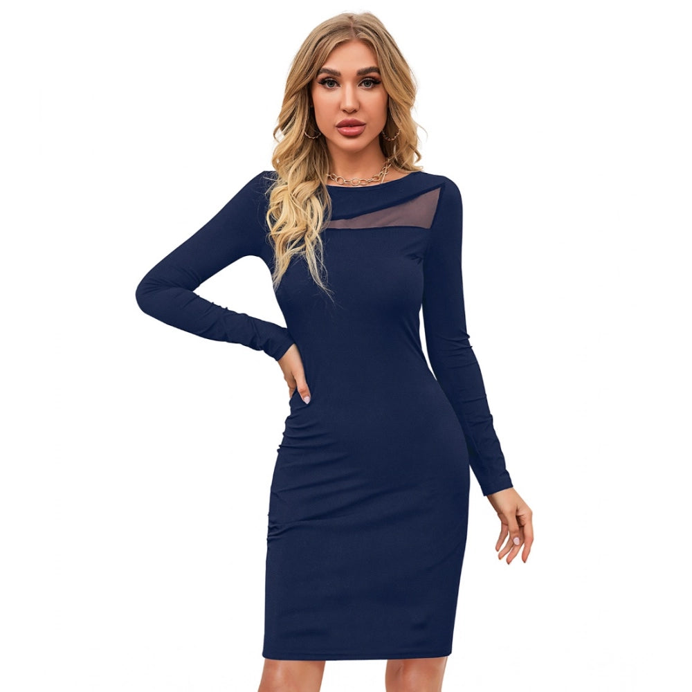 Women's Knitting Stretchable Solid Round Neck Full Sleeve Dress — Blue · le_L