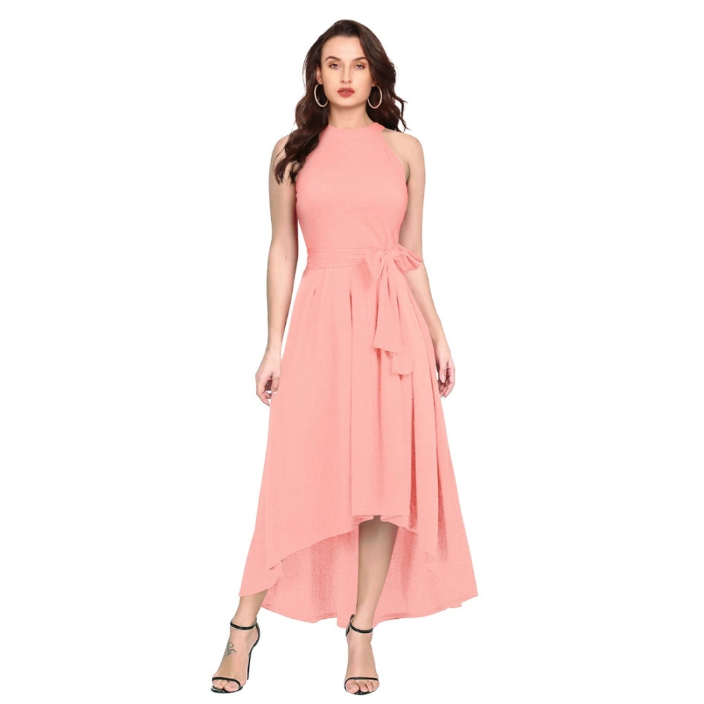 Women's Polyster Solid Halter Neck Sleeveless Dress — Peach