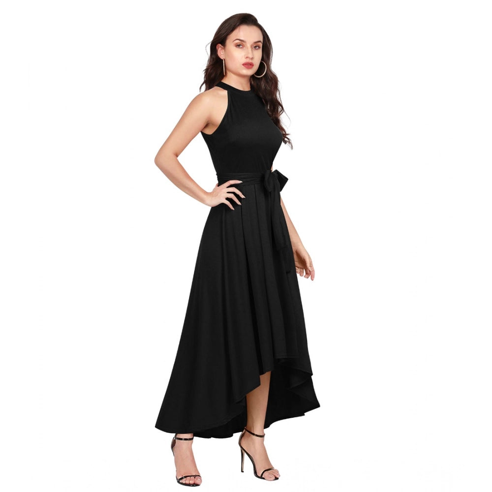 Women's Polyster Solid Halter Neck Sleeveless Dress — Black