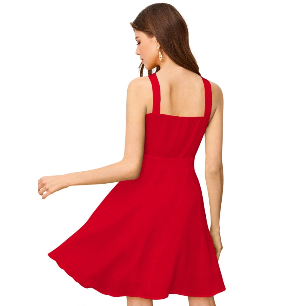 Women's Knitting Stretchable Solid Halter Neck Sleeveless Dress — Red