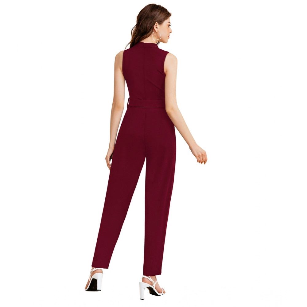 Women's Knitting Stretchable Solid Round Neck Sleeveless Jumpsuit — Maroon
