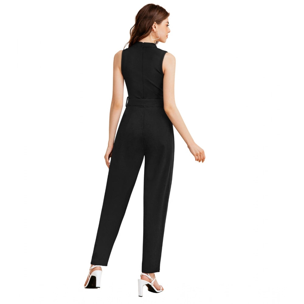 Women's Knitting Stretchable Solid Round Neck Sleeveless Jumpsuit — Black