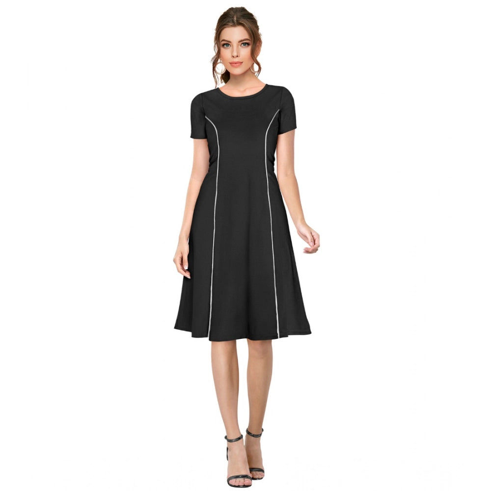 Women's Knitting Stretchable Solid Round Neck Cap Sleeve Dress — Black