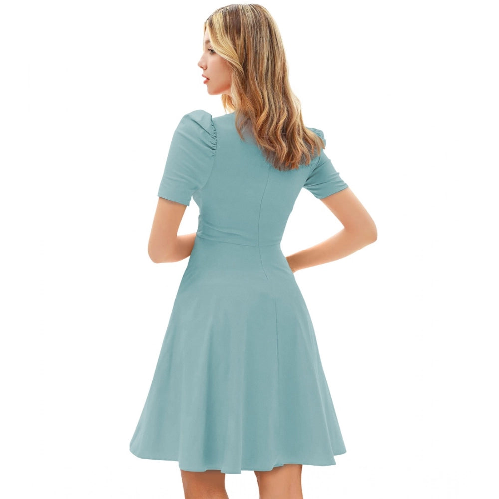 Women's Knitting Stretchable Solid V Neck Cap Sleeve Dress — Pista