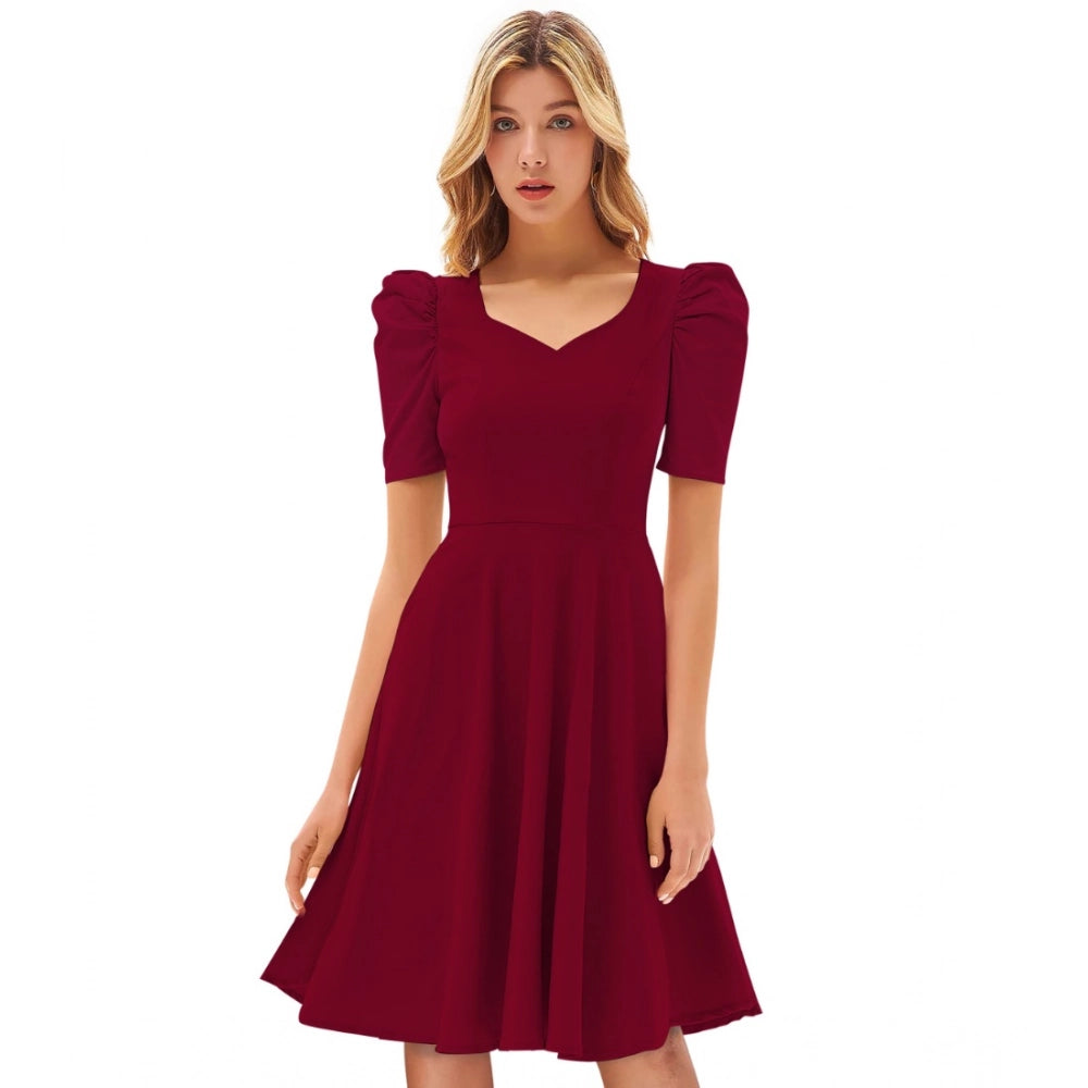 Women's Knitting Stretchable Solid V Neck Cap Sleeve Dress — Maroon