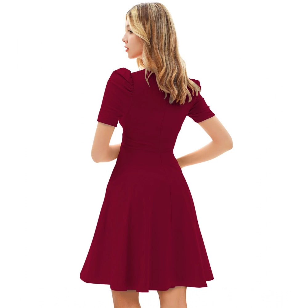Women's Knitting Stretchable Solid V Neck Cap Sleeve Dress — Maroon