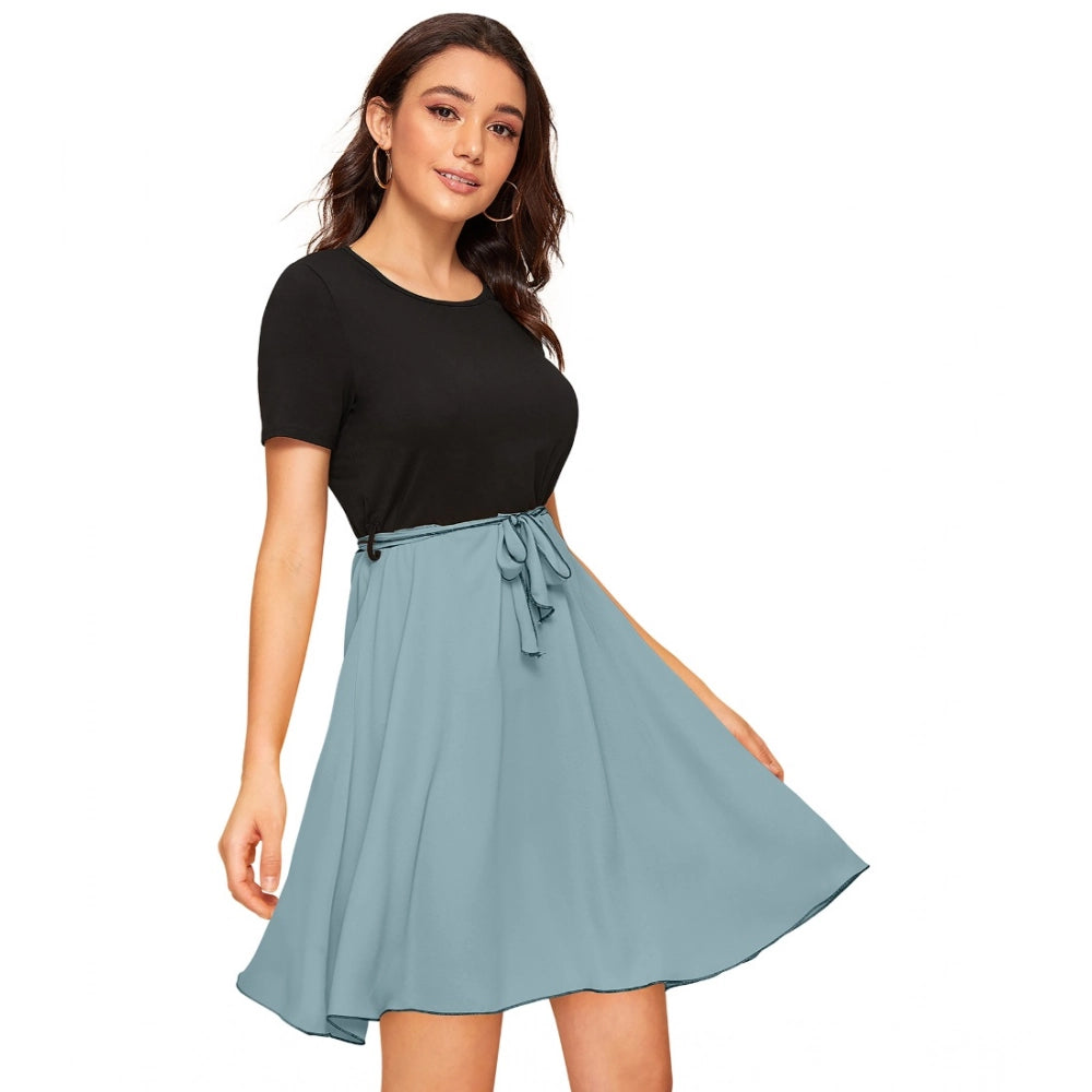 Women's Knitting Stretchable Solid Round Neck Cap Sleeve Dress — Pista