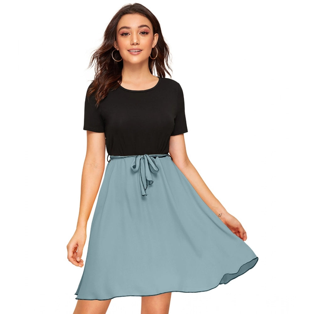 Women's Knitting Stretchable Solid Round Neck Cap Sleeve Dress — Pista