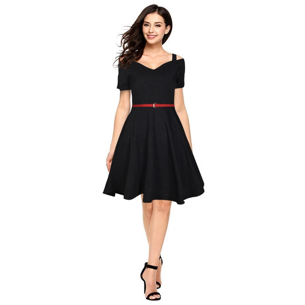 Women's Solid V Neck Cap Sleeve Dress — Black