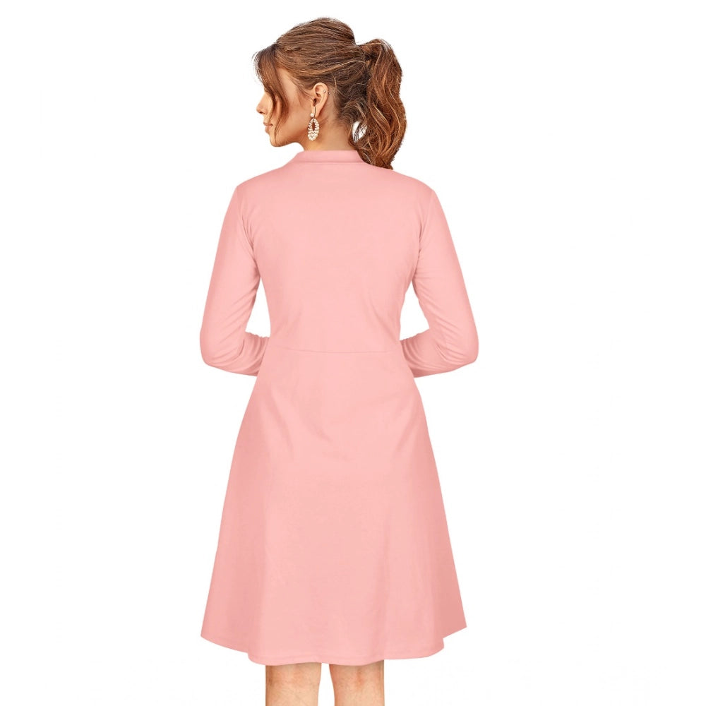 Women's Knitting Stretchable Solid Round Neck Full Sleeve Dress — Peach · ch_L