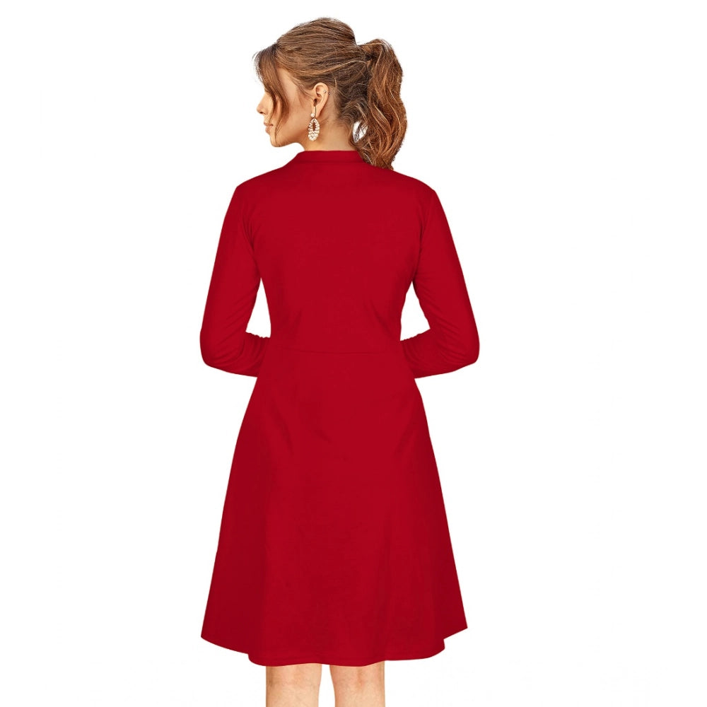 Women's Knitting Stretchable Solid Round Neck Full Sleeve Dress — Red