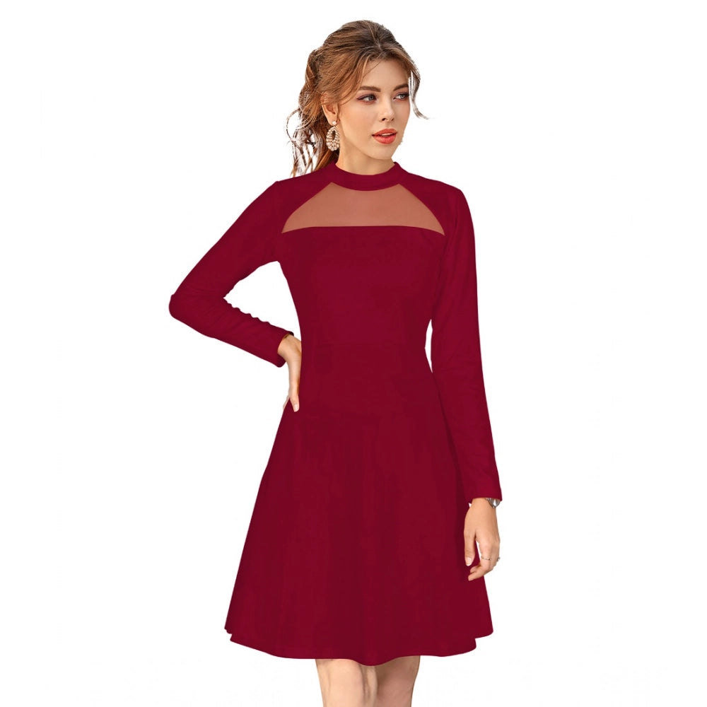 Women's Knitting Stretchable Solid Round Neck Full Sleeve Dress — Maroon · on_L