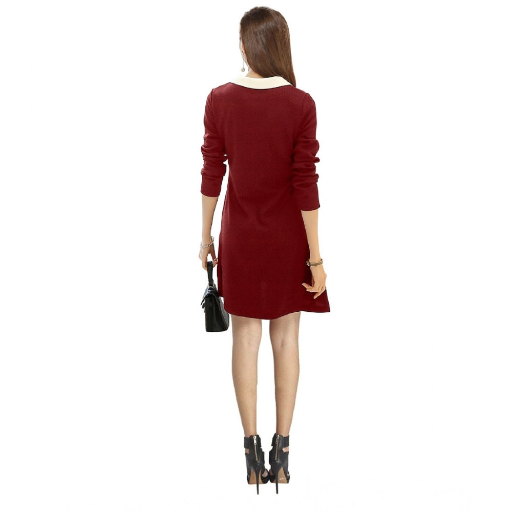 Women's Solid Collar 3-4th Dress — Maroon
