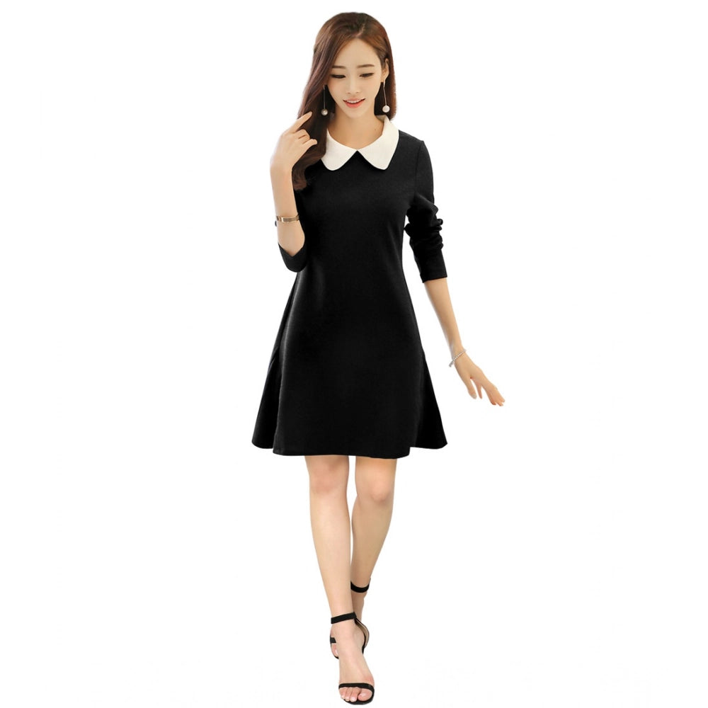 Women's Solid Collar 3-4th Dress — Black