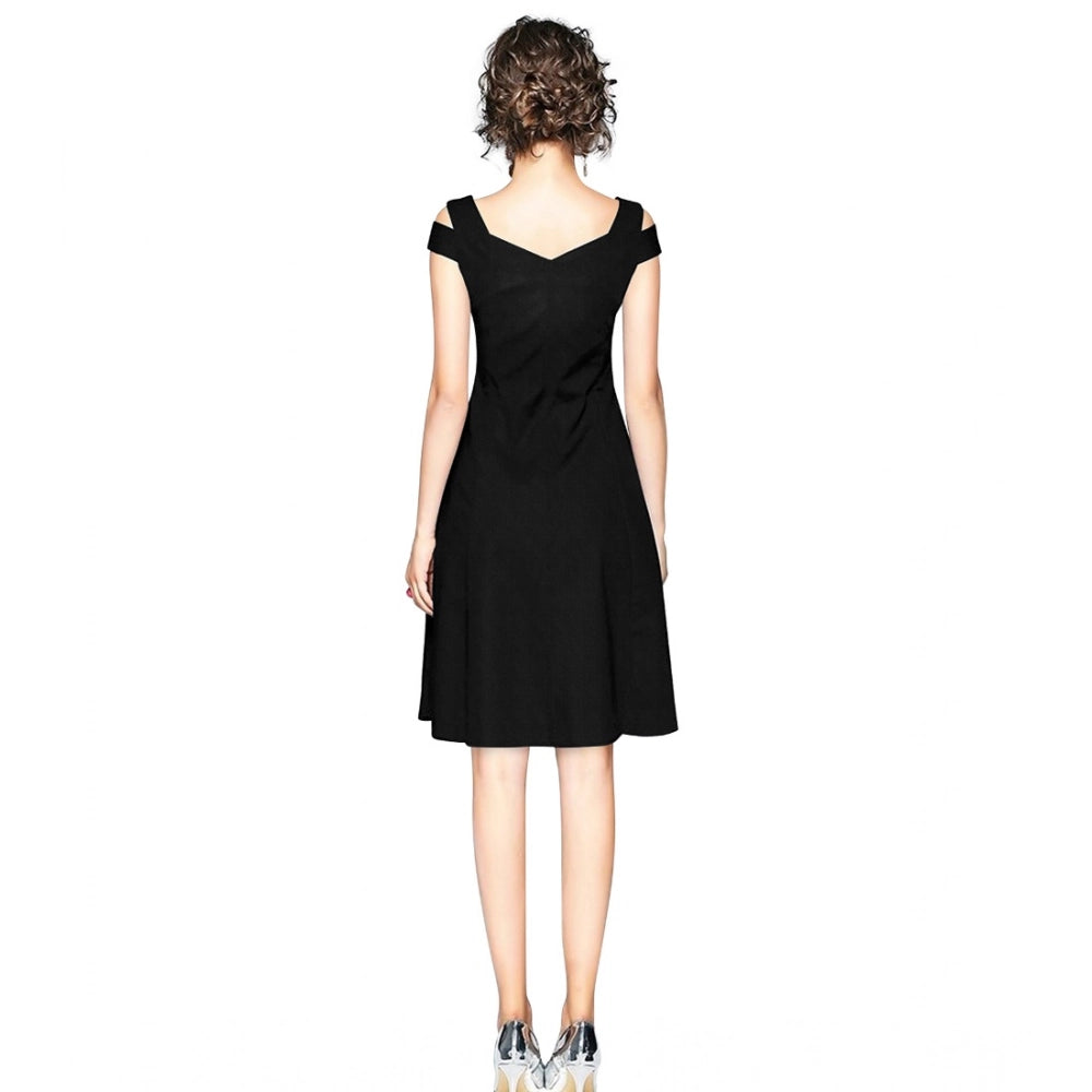 Women's Solid V Neck Cap Sleeve Off Shoulder Dress — Black