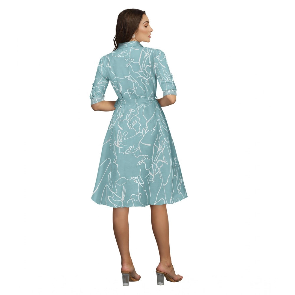 Women's Ruby Cotton Printed Shirt Collar 3-4th Sleeve Dress — Pista